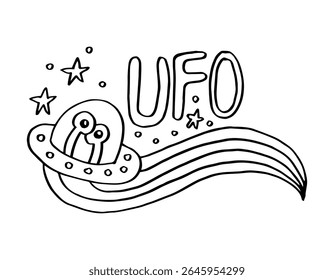 UFO doodle illustration. Space adventure. Vector illustration