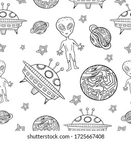 UFO doodle seamless pattern. Hand drawn outline vector illustration of spaceship, alien, planets and stars. Isolated on white background. Comic cosmic wallpaper, wrapping design for kids and adult.