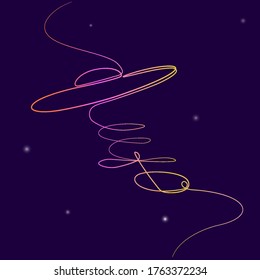UFO drawn in a single line in the night sky. Stock vector illustration.