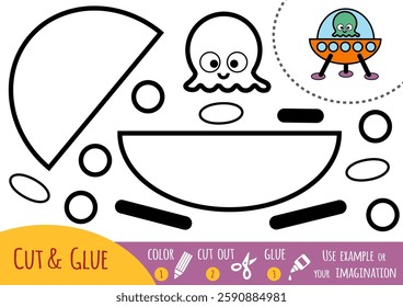 UFO, Education paper game for children. Black and white illustration. Use scissors and glue to create the image.