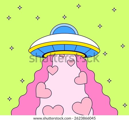 UFO emitting a pink beam filled with heart shapes against a bright green starry background cartoon vector hand drawn illustration for romantic or cosmic-themed