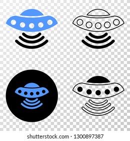 UFO EPS vector pictograph with contour, black and colored versions. Illustration style is flat iconic symbol on chess transparent background.