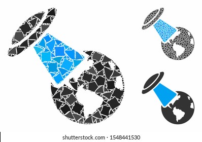 UFO explores Earth mosaic of ragged pieces in various sizes and color tints, based on UFO explores Earth icon. Vector ragged parts are combined into mosaic.