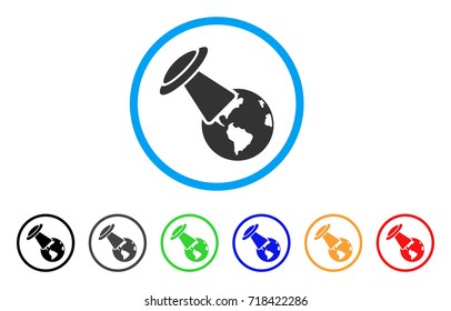 UFO Explores Earth rounded icon. Style is a flat ufo explores earth grey symbol inside light blue circle with black, gray, green, blue, red, orange color versions.