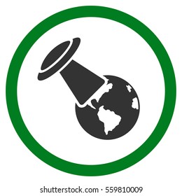 UFO Explores Earth vector bicolor rounded icon. Image style is a flat icon symbol inside a circle, green and gray colors, white background.