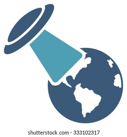 Ufo Explores Earth vector icon. Style is bicolor flat symbol, cyan and blue colors, rounded angles, white background.