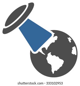 Ufo Explores Earth vector icon. Style is bicolor flat symbol, cobalt and gray colors, rounded angles, white background.