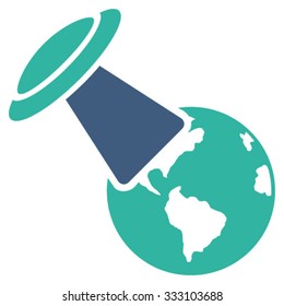 Ufo Explores Earth vector icon. Style is bicolor flat symbol, cobalt and cyan colors, rounded angles, white background.