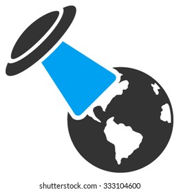 Ufo Explores Earth vector icon. Style is bicolor flat symbol, blue and gray colors, rounded angles, white background.
