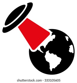 Ufo Explores Earth vector icon. Style is bicolor flat symbol, intensive red and black colors, rounded angles, white background.