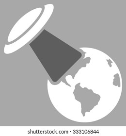 Ufo Explores Earth vector icon. Style is bicolor flat symbol, dark gray and white colors, rounded angles, silver background.