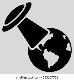 Ufo Explores Earth vector icon. Style is flat symbol, black color, rounded angles, light gray background.