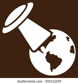 Ufo Explores Earth vector icon. Style is flat symbol, white color, rounded angles, brown background.