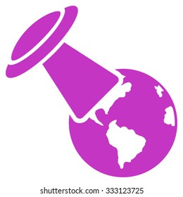 Ufo Explores Earth vector icon. Style is flat symbol, violet color, rounded angles, white background.