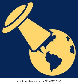 Ufo Explores Earth vector icon. Style is flat symbol, yellow color, rounded angles, blue background.