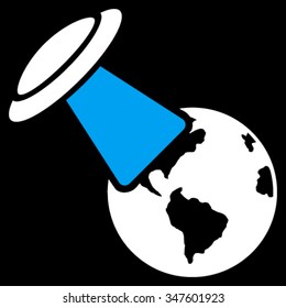 Ufo Explores Earth vector icon. Style is bicolor flat symbol, blue and white colors, rounded angles, black background.