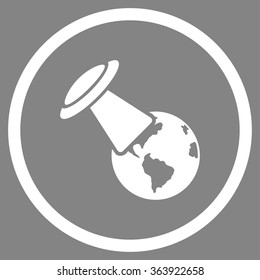 Ufo Explores Earth vector icon. Style is flat circled symbol, white color, rounded angles, gray background.