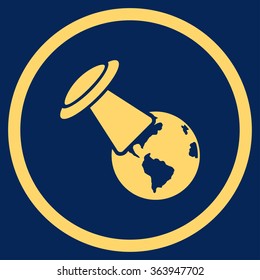 Ufo Explores Earth vector icon. Style is flat circled symbol, yellow color, rounded angles, blue background.
