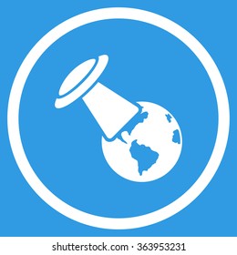Ufo Explores Earth vector icon. Style is flat circled symbol, white color, rounded angles, blue background.