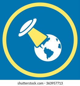 Ufo Explores Earth vector icon. Style is bicolor flat circled symbol, yellow and white colors, rounded angles, blue background.
