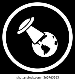 Ufo Explores Earth vector icon. Style is flat circled symbol, white color, rounded angles, black background.