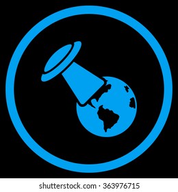 Ufo Explores Earth vector icon. Style is flat circled symbol, blue color, rounded angles, black background.