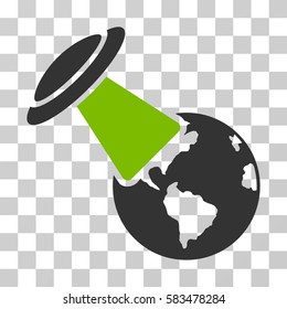 UFO Explores Earth vector pictogram. Illustration style is flat iconic bicolor eco green and gray symbol on a transparent background.