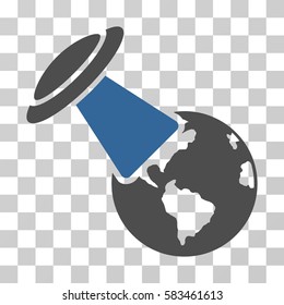 UFO Explores Earth vector pictograph. Illustration style is flat iconic bicolor cobalt and gray symbol on a transparent background.
