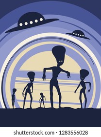 UFO and extraterrestrial alien silhouttes. Monsters attack at sunset