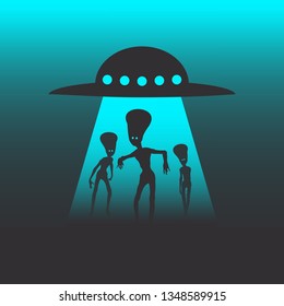 UFO and extraterrestrial alien silhouttes. Monsters attack at sunset