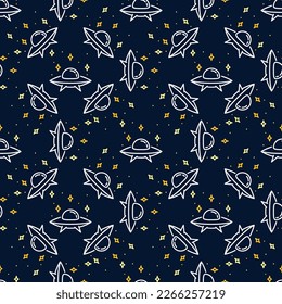 UFO Extraterrestrial Spacecraft vector concept colored linear seamless pattern