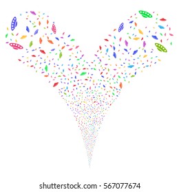 UFO fireworks stream. Vector illustration style is flat bright multicolored iconic symbols on a white background. Object double fountain made from random icons.
