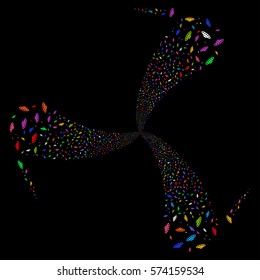 UFO fireworks swirl rotation. Vector illustration style is flat bright multicolored iconic symbols on a black background. Object whirl combined from random icons.