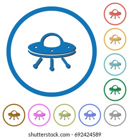 UFO flat color vector icons with shadows in round outlines on white background
