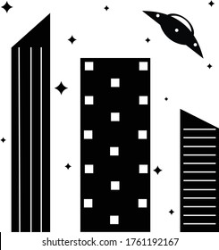 
UFO flies over the city at night. Graphic illustration.