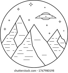 UFO flies over the mountains at night. Graphic illustration