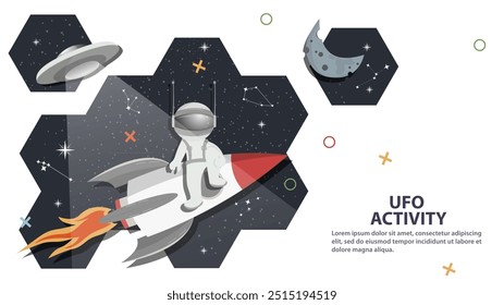 A UFO flies past an astronaut sitting on a rocket against the background of space in the form of honeycombs, flat childrens doodles