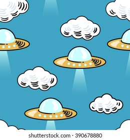 UFO floating on the sky seamless pattern