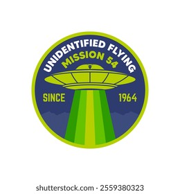 Ufo fly over mountain laser beam patch sticker alien emblem badge patch vector illustration