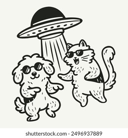 UFO flying above happy dancing cat and dog, cool funny doodle sketch design