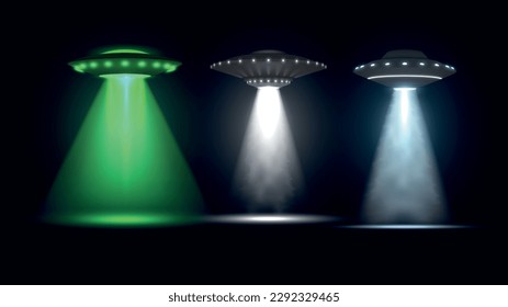 UFO flying alien space ships with green blue white light beam smoke set realistic vector illustration. Cosmic saucers with bright illumination vertical ray for abduction unidentified object at dark