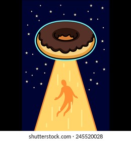 UFO  Flying donut takes man in beam of light on the background of the sky