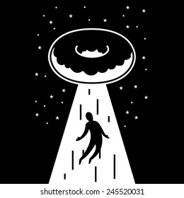 UFO  Flying donut takes man in beam of light on the background of the sky