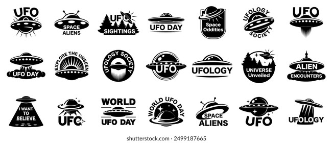 UFO flying logo set. Simple set of flying UFO set