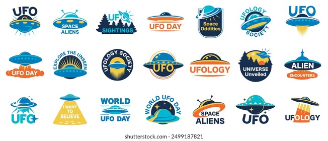 UFO flying logo set. Simple set of flying UFO set