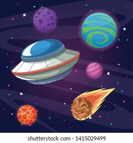 UFO flying in the milkyway space with planets and meteor vector illustration graphic design