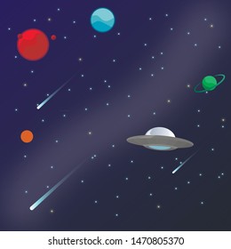 UFO flying night sky. Vector illustration in flat style.