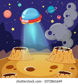 UFO Flying Over Moon in Galaxy illustration