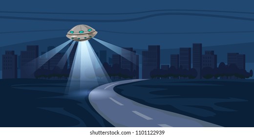 UFO flying over night city, metropolis, houses, skyscrapers expensive