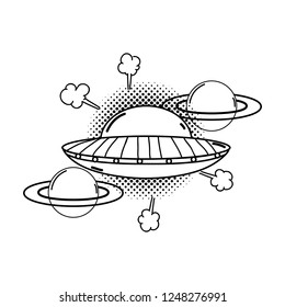 ufo flying with planets pop art style